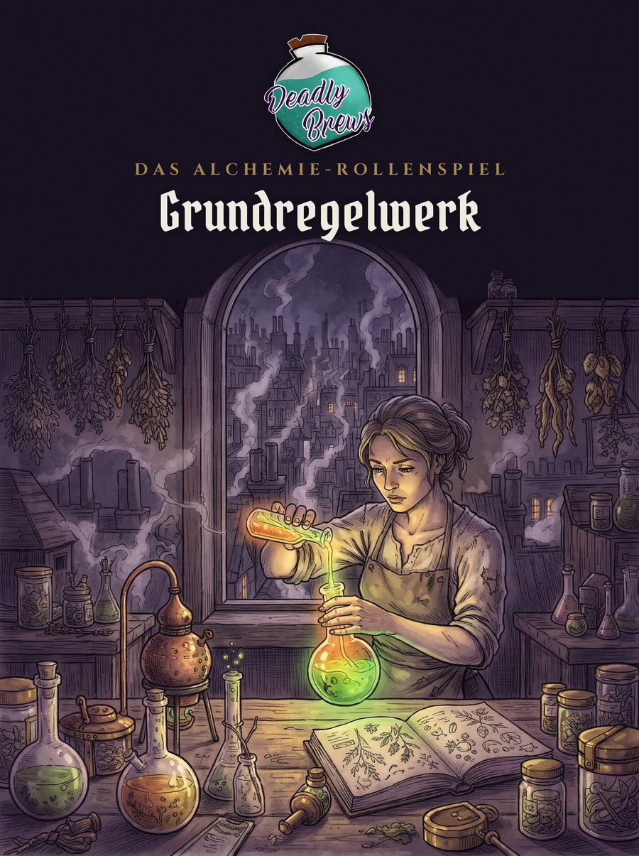 Cover des Grundregelwerks: eine Alchemistin gießt einen leuchtenden Trank