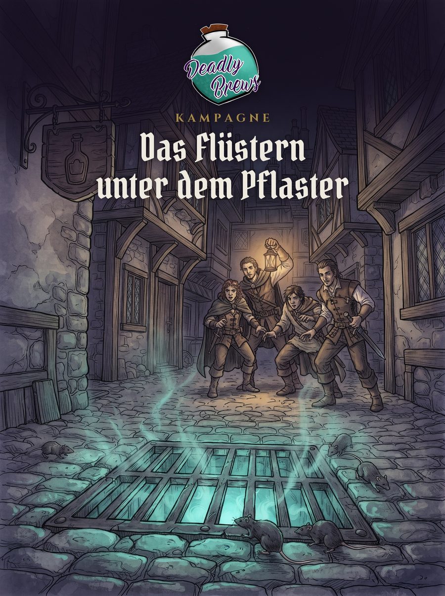 Cover der Kampagne „Das Flüstern unter dem Pflaster“: Abenteurer vor einem türkis leuchtenden Gitter