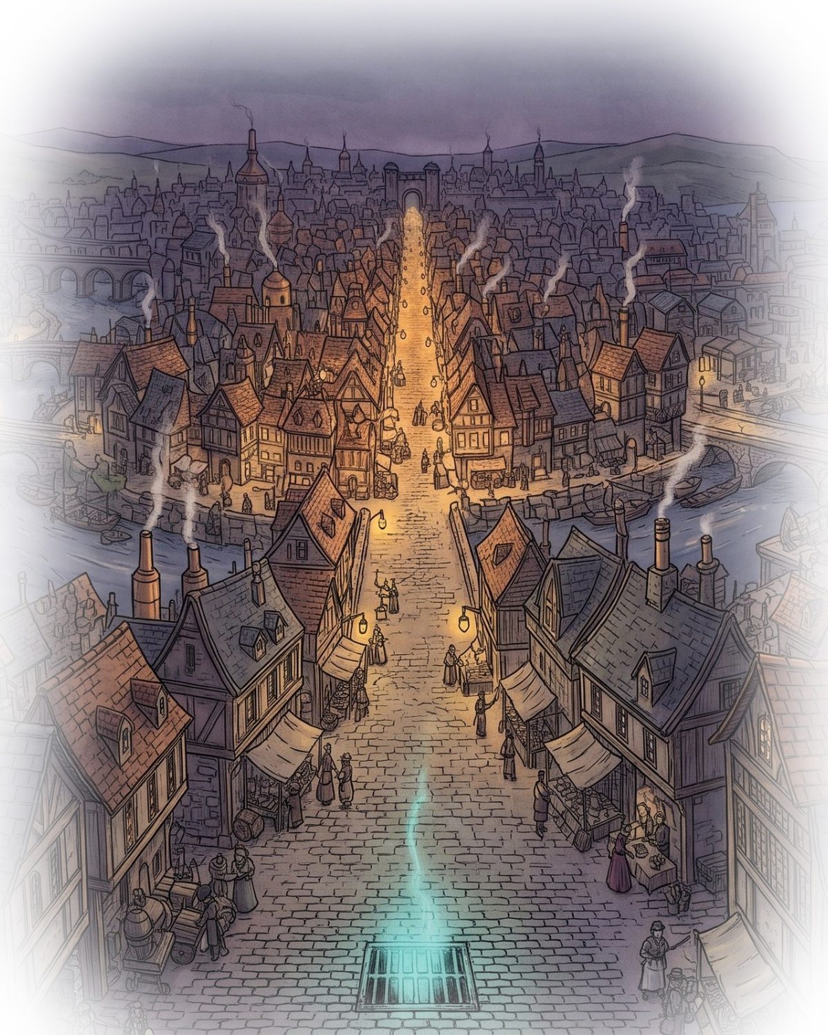Gezeichnete Ansicht der Hafenstadt Brent in der Abenddämmerung; eine Laternenstraße führt in die Altstadt, aus einem Gitter im Pflaster steigt türkises Licht.