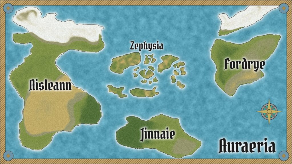 Karte der Welt Auraeria mit den Kontinenten Aisleann, Fordrye, Jinnaie und dem Inselstaat Zephysia