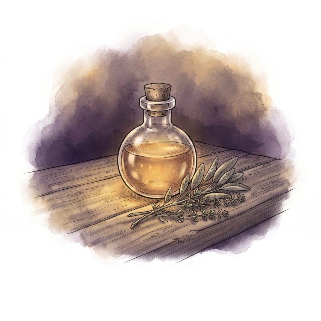 Gezeichnete Trankflasche mit leuchtend goldenem Trank auf einem Holztisch